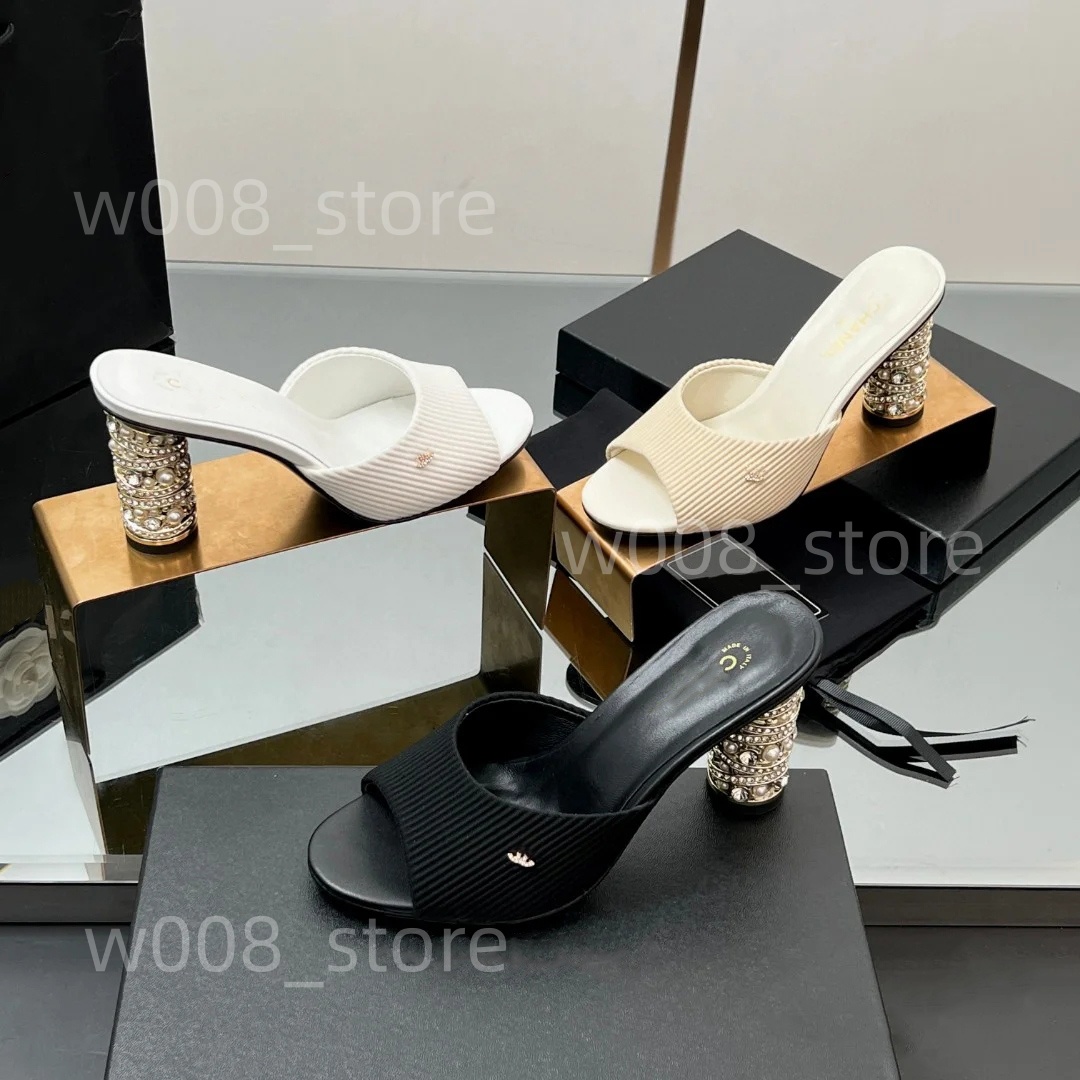AAA paris design ladies summer Pearl high-heeled Slippers square toe Luxury designer brand sandals fashion party slide flip flops