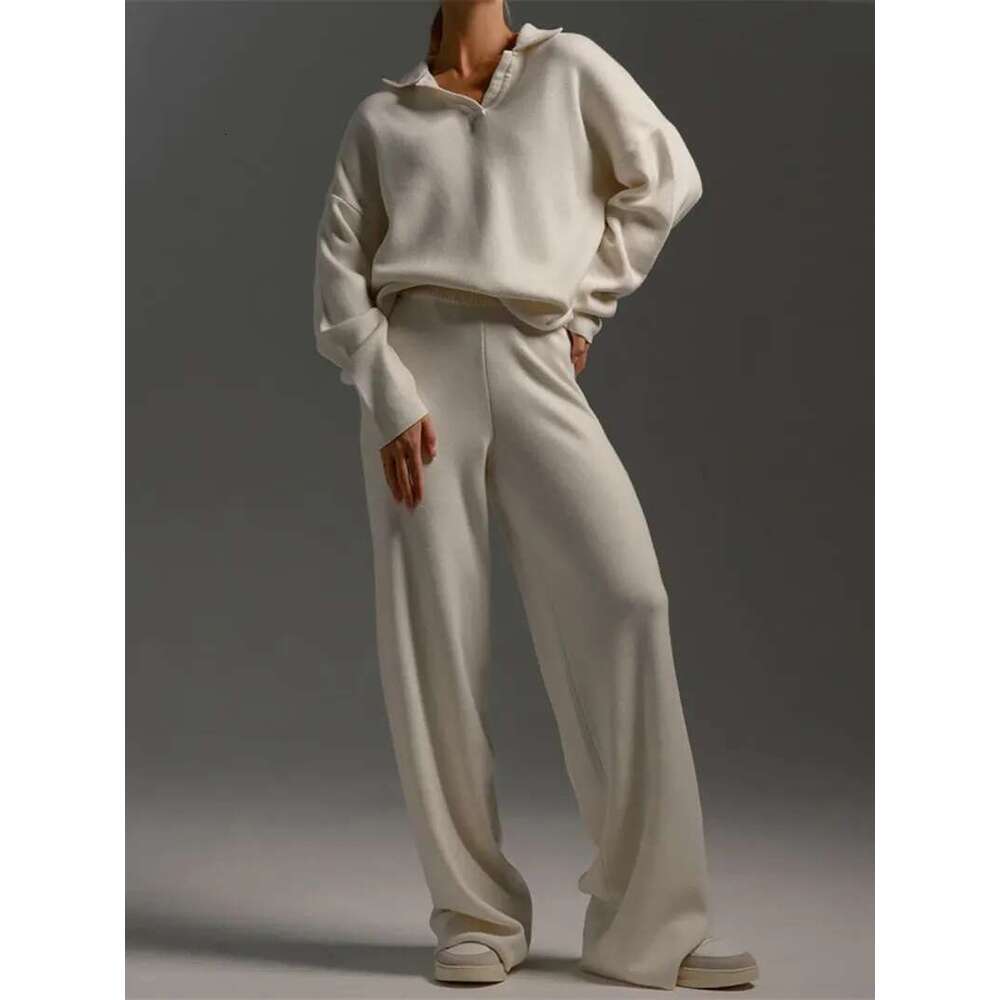 Winter thick women's knitted suit, soft women's sweater, wide leg set, two-piece set, long pants, oversized