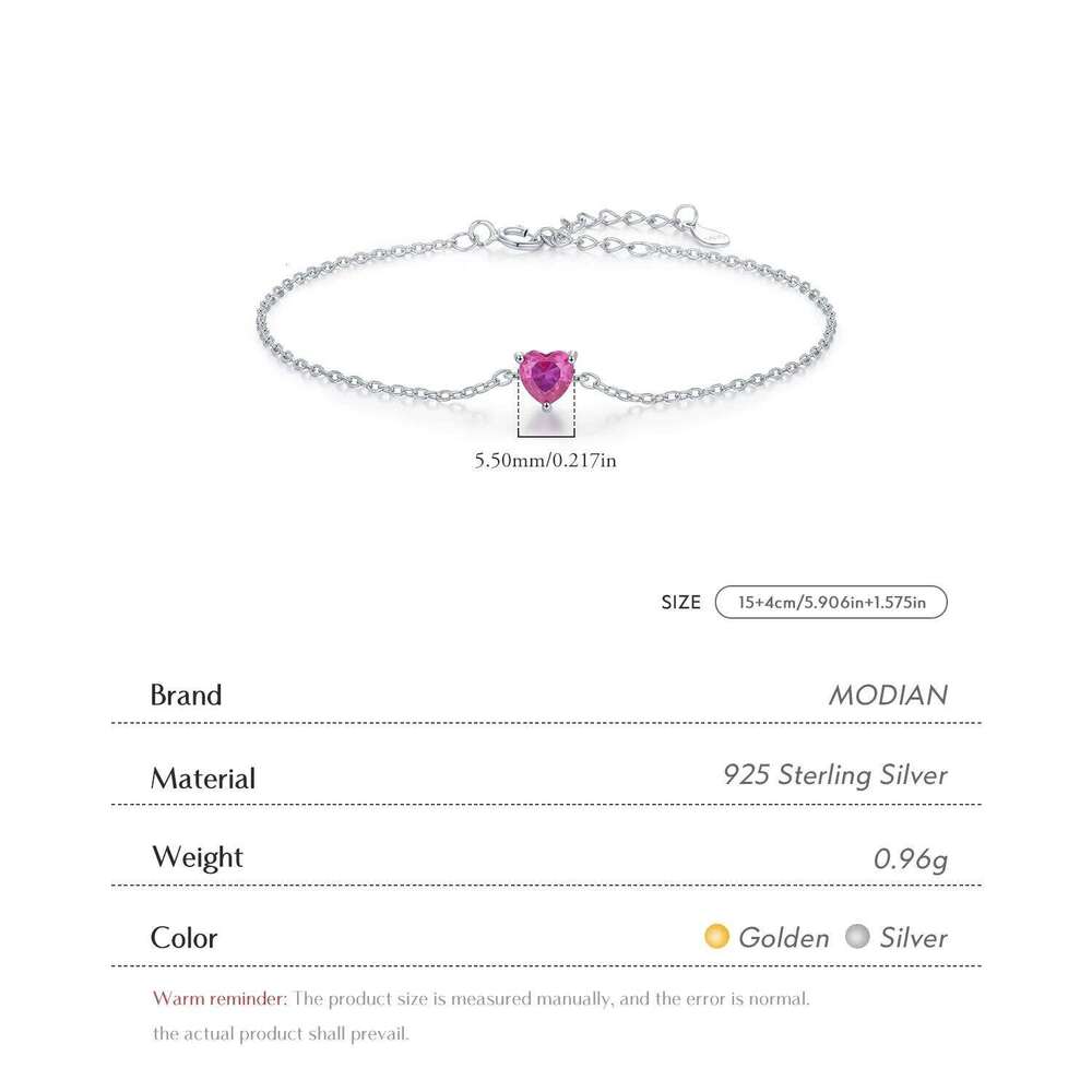 MODIAN 925 Sterling Silver Romantic Rose Red Zirconia Heart Bracelet Elegant Simple Link Chain For Women Fine Jewelry Gifts Z260225