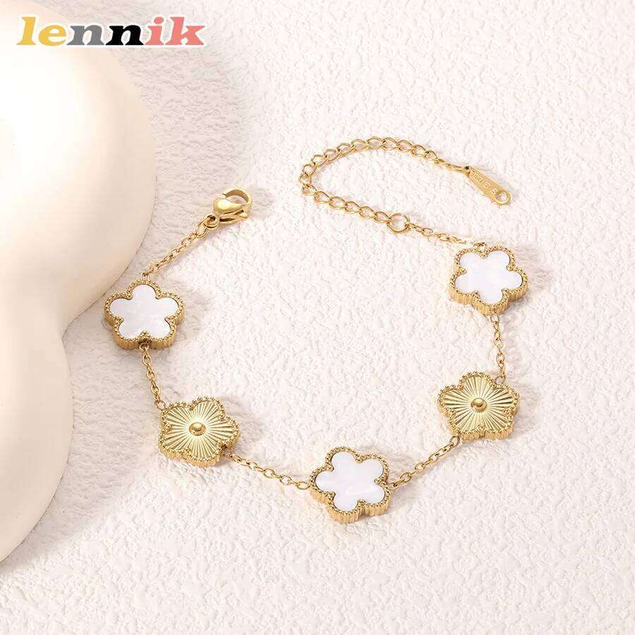 Five-Leaf Clover New Mother-of-Pearl, Sparkling Exquisite LENNIK Bracelet, 18K Plated Rhinestone Womens, Limited Offer Z260225