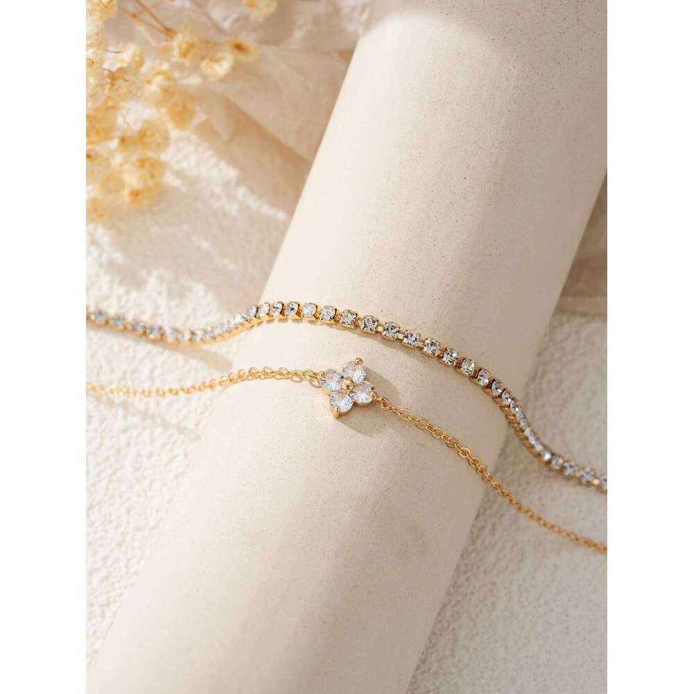 2pcs Simple Cubic Zirconia Flower Water Chain Women's Bracelet Set Daily Office Jewelry Z260225