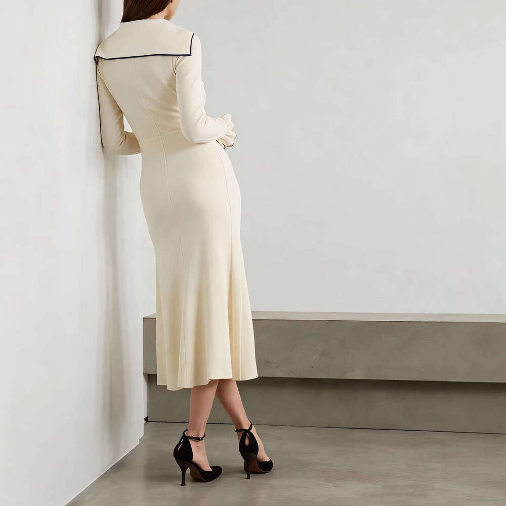 Autumn and winter designer fashion navy blue collar contrasting color fashion slim fit pleated sleeves knitted long skirt