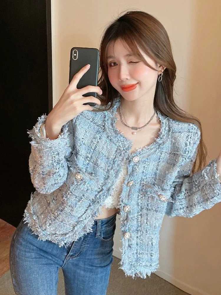 Women's Korean Chic Tassel Tweed Jacket, Slim O-Neck Long Sleeve Elegant Plaid Short CoatT260226