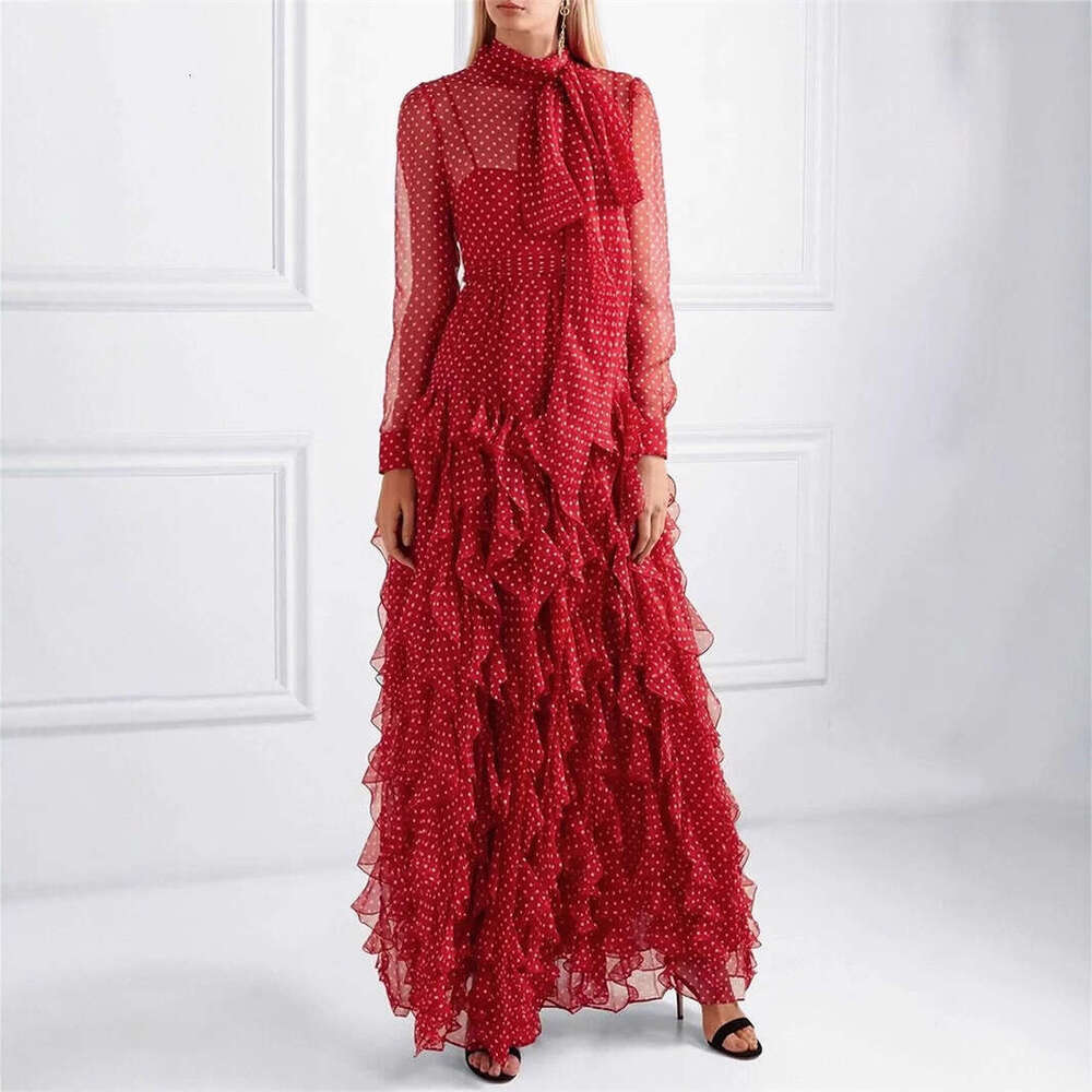 2026 early autumn European and American niche goddess fairy style polka dot ruffled satin ribbon tie fluffy long skirt