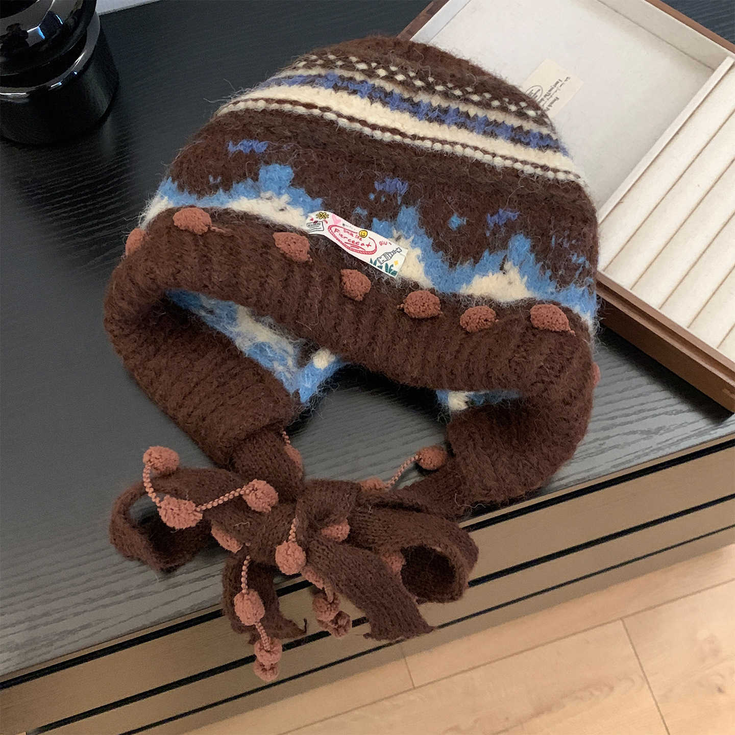 Fair Isle Knit Balaclava Hat for Women Autumn and Winter Face-Slimming Headwrap Thickened Warm Ear-Protecting Hat S2602251E7I