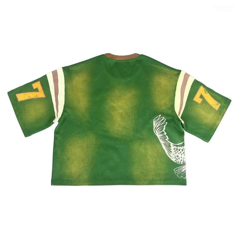 Men's T-shirt Trendy Distressed Eagle Letter Dark Green Base With Retro Yellow Letter Print Contrasting Striped Shoulder Details