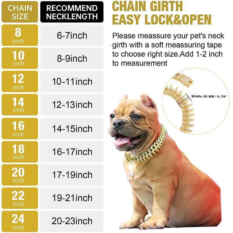 13mm Bling Diamond Chain Cat with Spiked Rivet Design, Luxury Gold Cuban Link Dog Collar for Small Medium Large Dogs