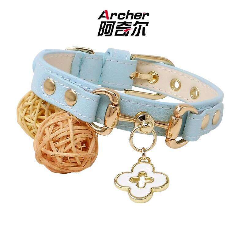 Achille Adjustable Leather Pet Teddy Cat with Metal Neck Collar Drawable Light Blue Contrast Buckle