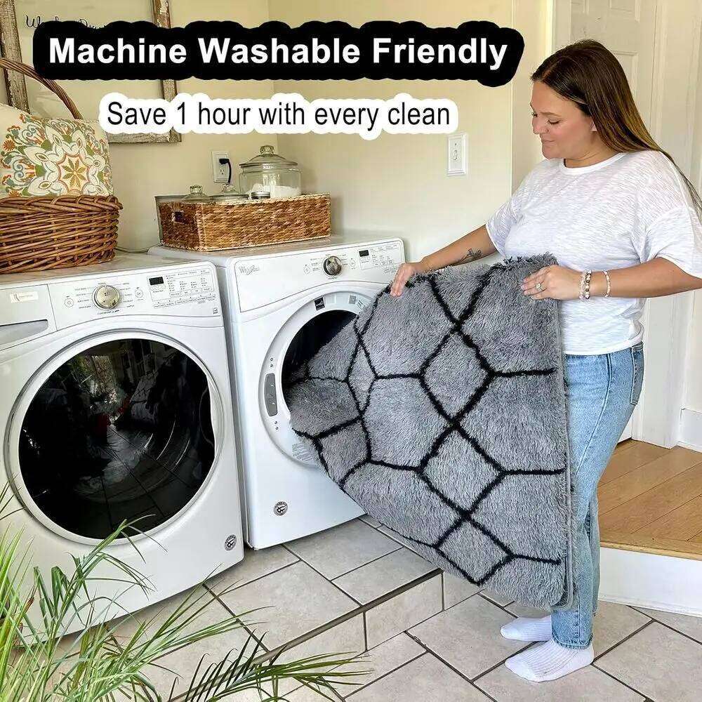 Large Grey Black Geometric Shaggy Rugs Living Spaces, Washable Plush Throw Carpets for Bedrooms, Kids' Rooms, and Dorms W260226