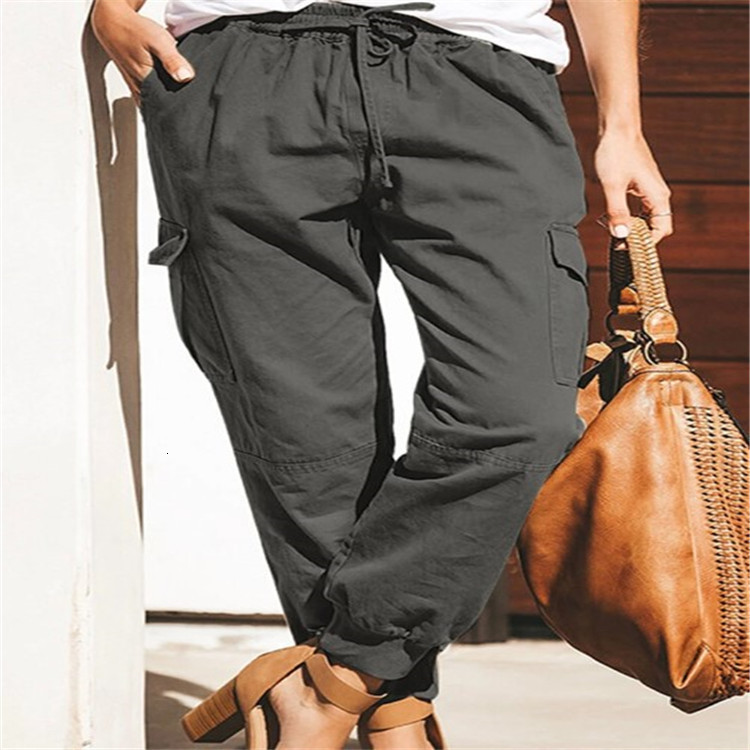 2024 Womens Solid Color Casual Fashion Pocket Drawstring Cargo Pants High Waist Womens Pants251022