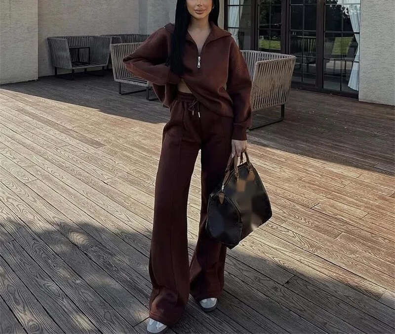 Designer Women's Fashion Half Zipper Sports Hoodie Loose Casual Autumn/Winter Pants Two Piece Set 2026