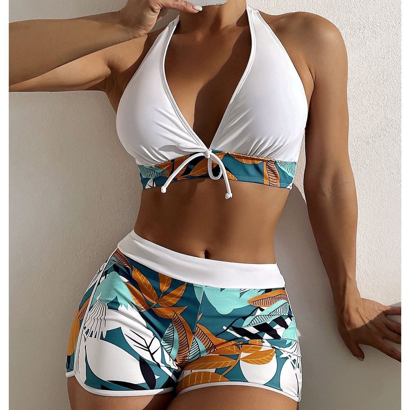 Fashion Printed Swimsuit 2025 New Large Size Womens Halter Neck High Waist Boxer Conservative Beach Swimwear 250306