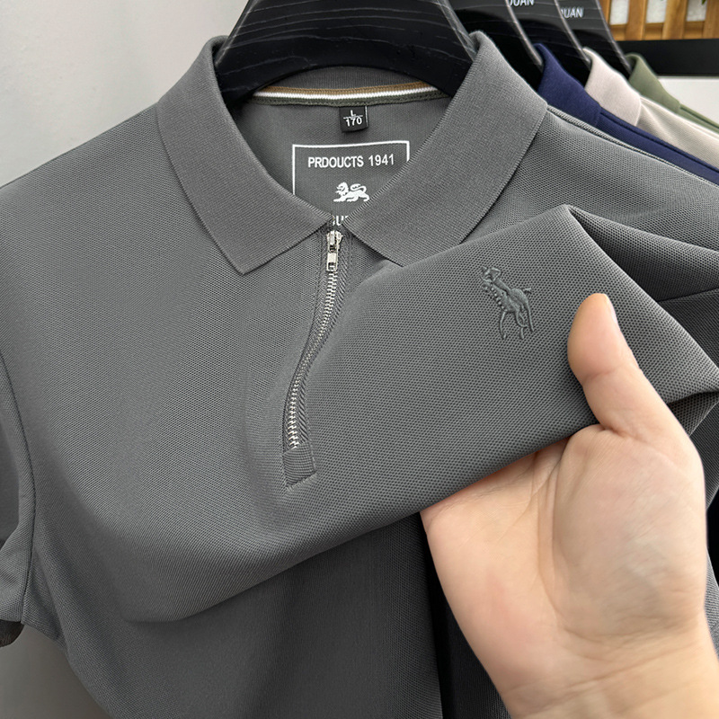 Mens Embroidered Pony Polo Shirt with Half Zipper - Trendy Short Sleeve Design