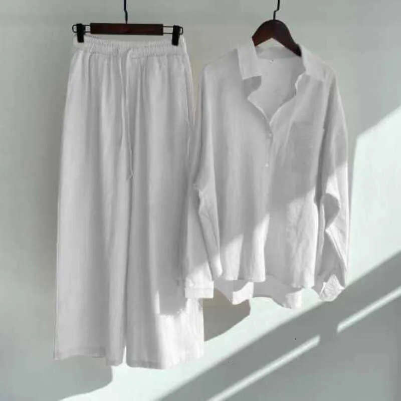Women's designer two-piece long sleeved shirt pants party streetwear cotton and linen high waisted plus size casual pants set