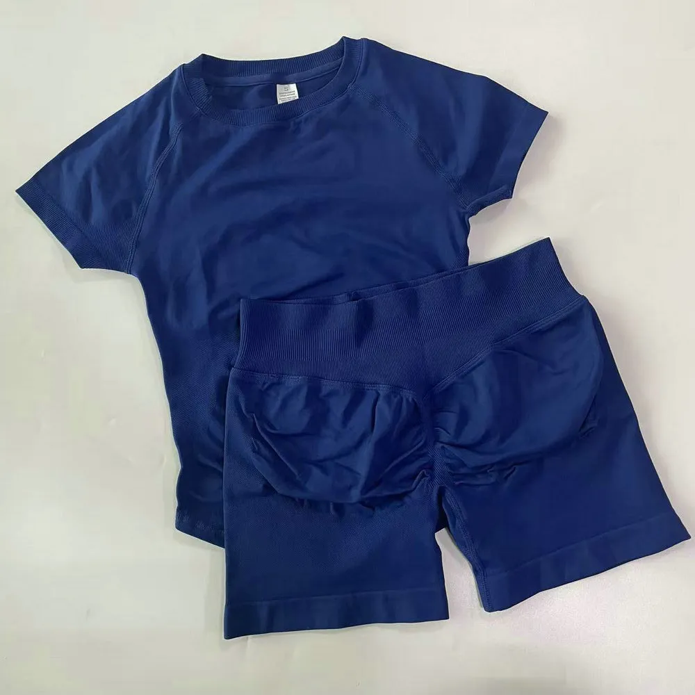 2 Pieces Women Yoga Sport Set Longline Short Sleeve Top Yoga Outfit T-shirt Crop Top Gym Clothes Seamless Design 4.5" Leg Length Low Ribbed Band 