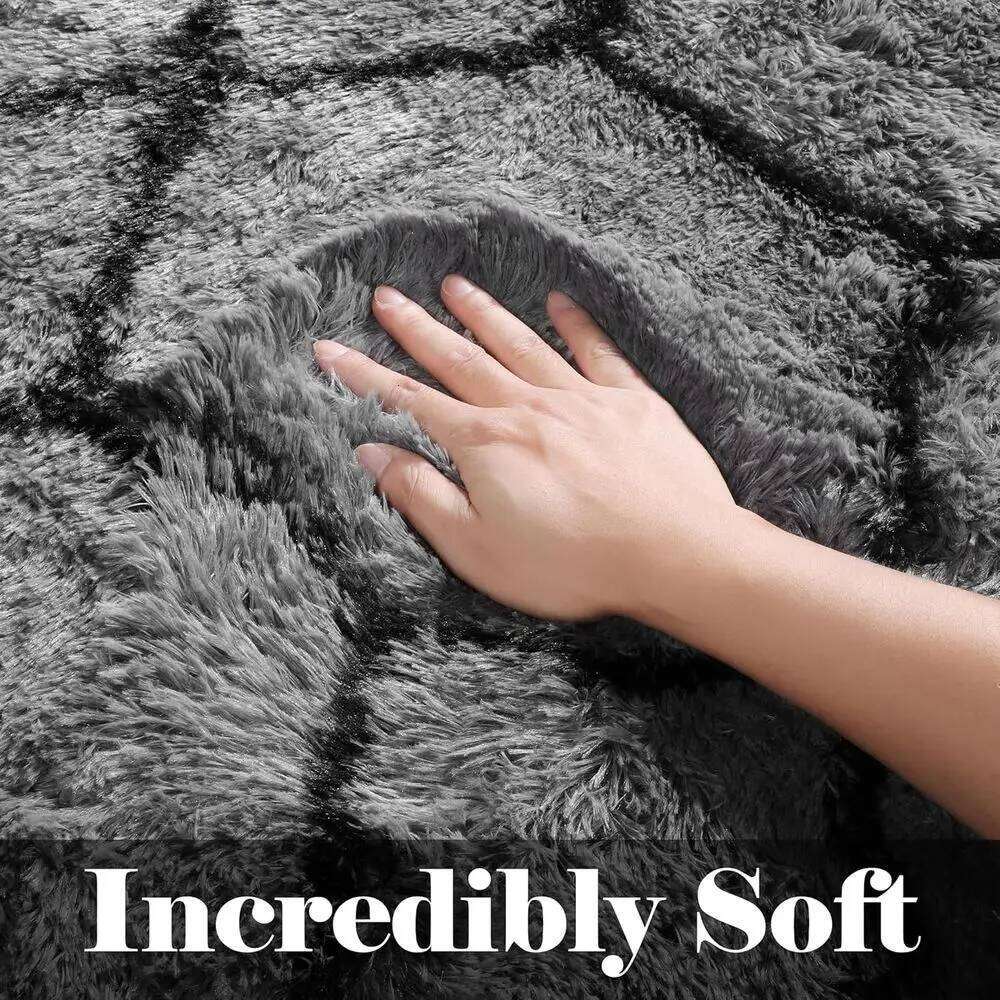 Large Grey Black Geometric Shaggy Rugs Living Spaces, Washable Plush Throw Carpets for Bedrooms, Kids' Rooms, and Dorms W260226
