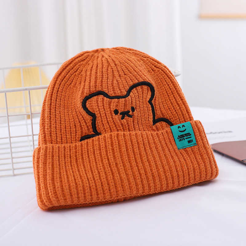 Womens Autumn and Winter Versatile Cute Bear Embroidered Woolen Hat Warm Ear Protection Smiley Face Knit Hat Parent-Child Hat S260225