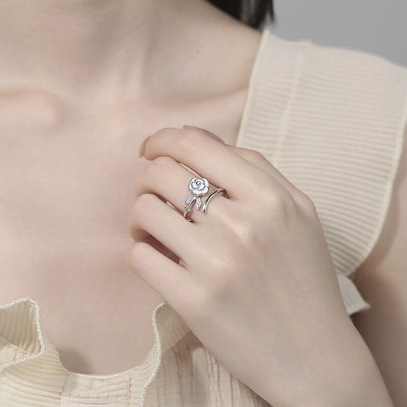 Sweet Camellia Open Ring High-end Feel Rose Flower Plain Band For Index Finger
