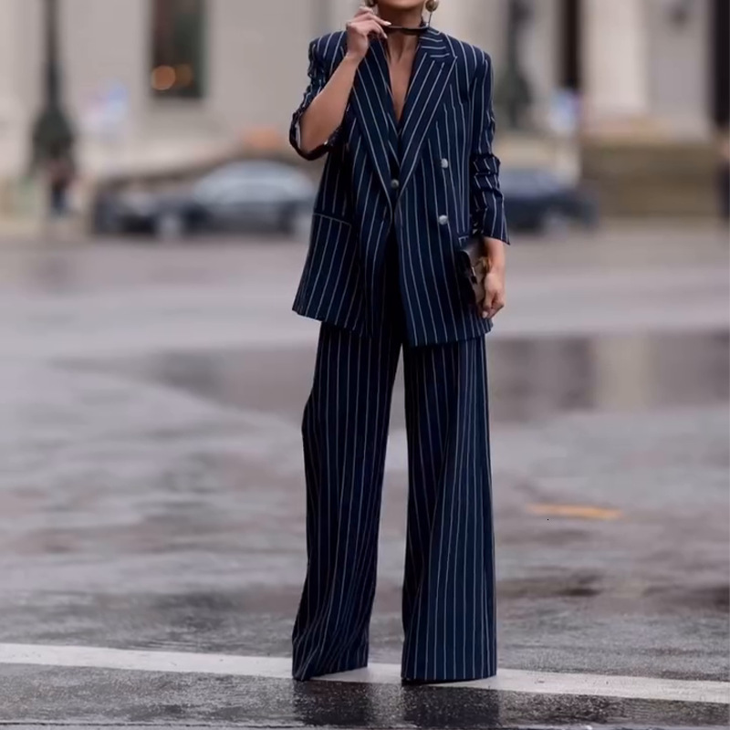 Krisstar 2025 Blazers Suits for Women Business Office Fall Spring Striped V-Neck Jacket Long Wide Leg 2 Pieces Sets Pants 250109