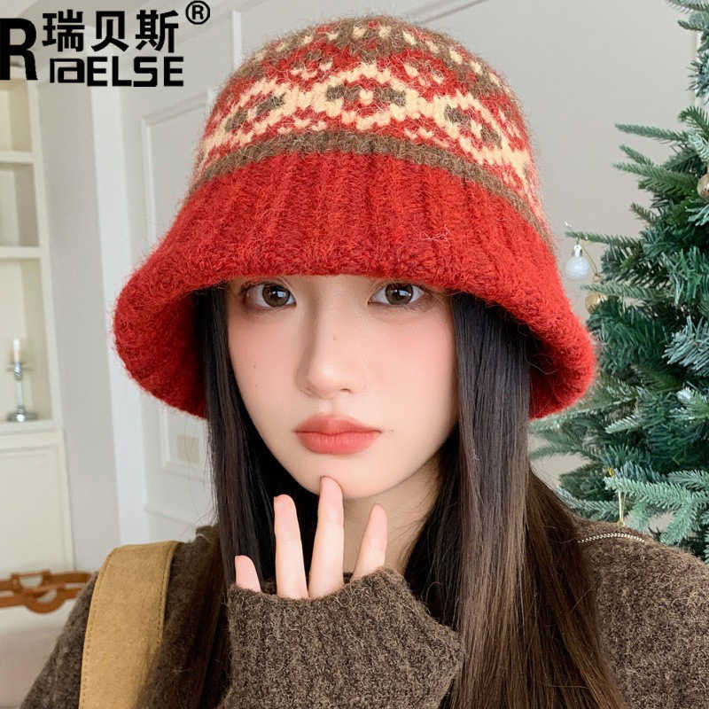 Winter Sweetness New Autumn-Winter Warm Fair Isle Knit Fisherman Hat for Women Sweet and Face-Slimming Woolen Hat S260225