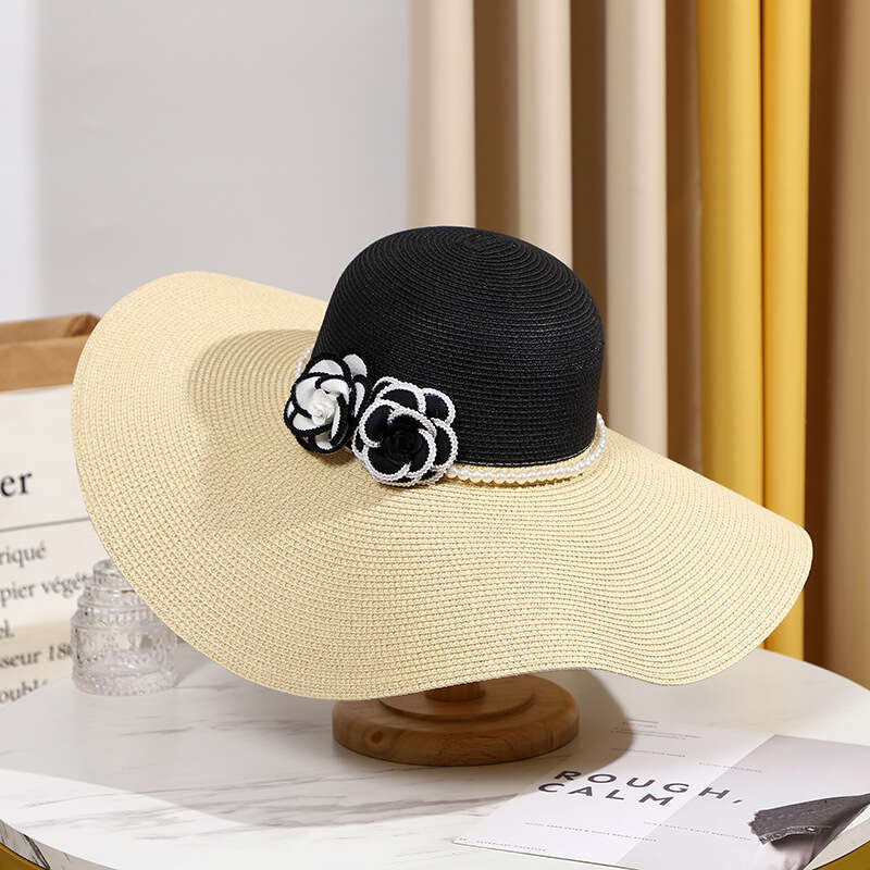 Designer Sun Hat Women Camellia Pearl Embellished Straw Bucket Hat Wide Brim UV Protection Floppy Hat for Summer Beach Vacation Holiday