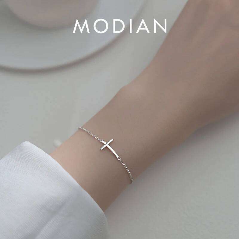 Modian Real 925 Sterling Silver Smooth Cross For Women Shiny Link Chain Bracelet Fine Jewelry Valentine's Day Gift Z260225