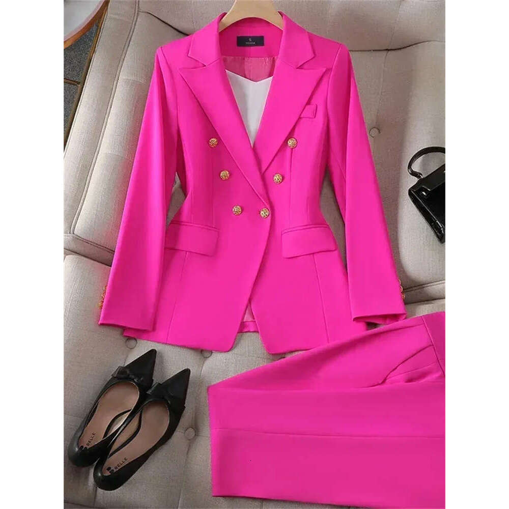 Designer Elegant Office Women's Two Piece Double Chest Long Sleeve Jacket Loose Casual Pants