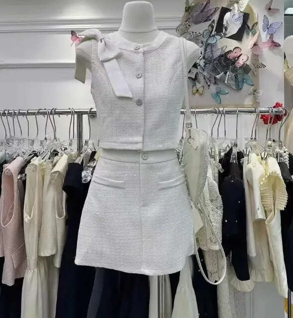 Women's bow celebrity sleeveless top two-piece set spliced single chest ultra-thin sweet summer outfit