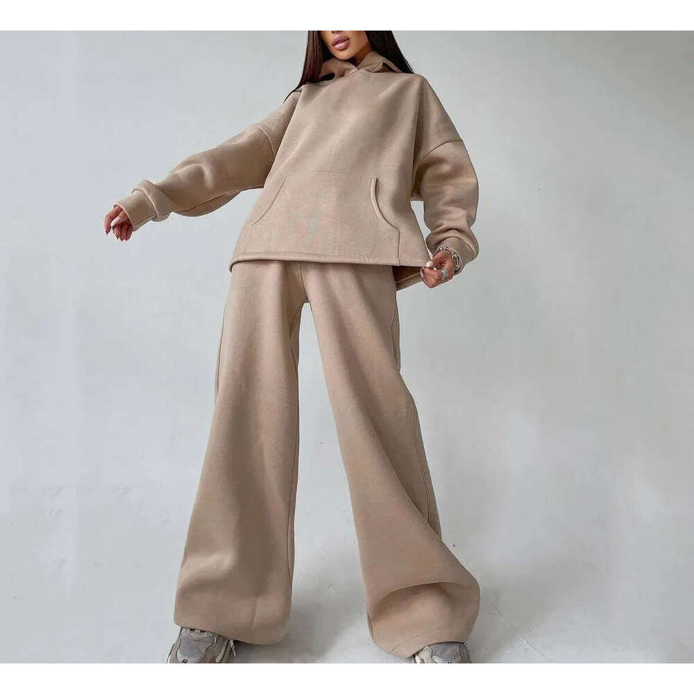 Women's casual two-piece set super large hooded sweatshirt autumn fashion sports wide leg with pocket 2026