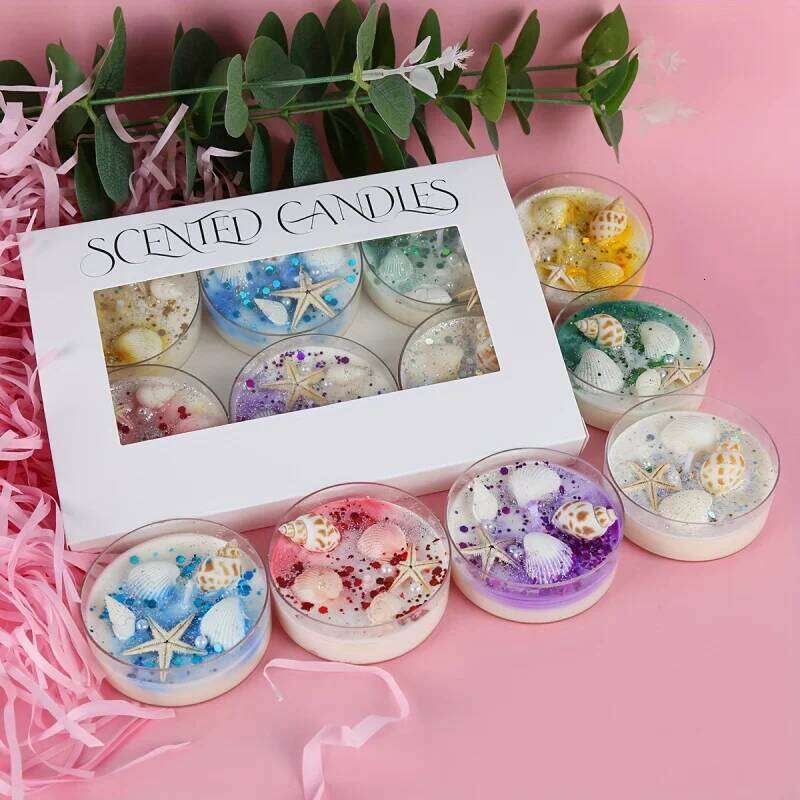 6 Piece Seashell Themed Scented Candle Set with Pearl Glitter Accents , Perfect for Valentine's Day and Graduation Gift W260226