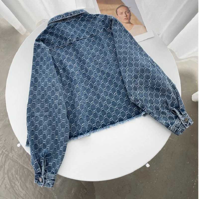 Women's Monogram Jacquard Denim Jacket, Cropped Frayed Hem Leather Patch Trucker CoatT260226