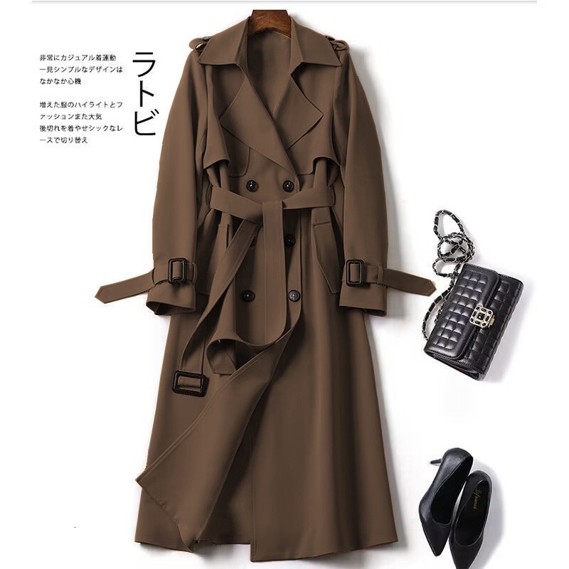 Khaki Lined Lapel Long Trench Coat Women Fashion Double Breasted Full Sleeves Jacket With Pocket Autumn Lady Commute Windbreaker 240906