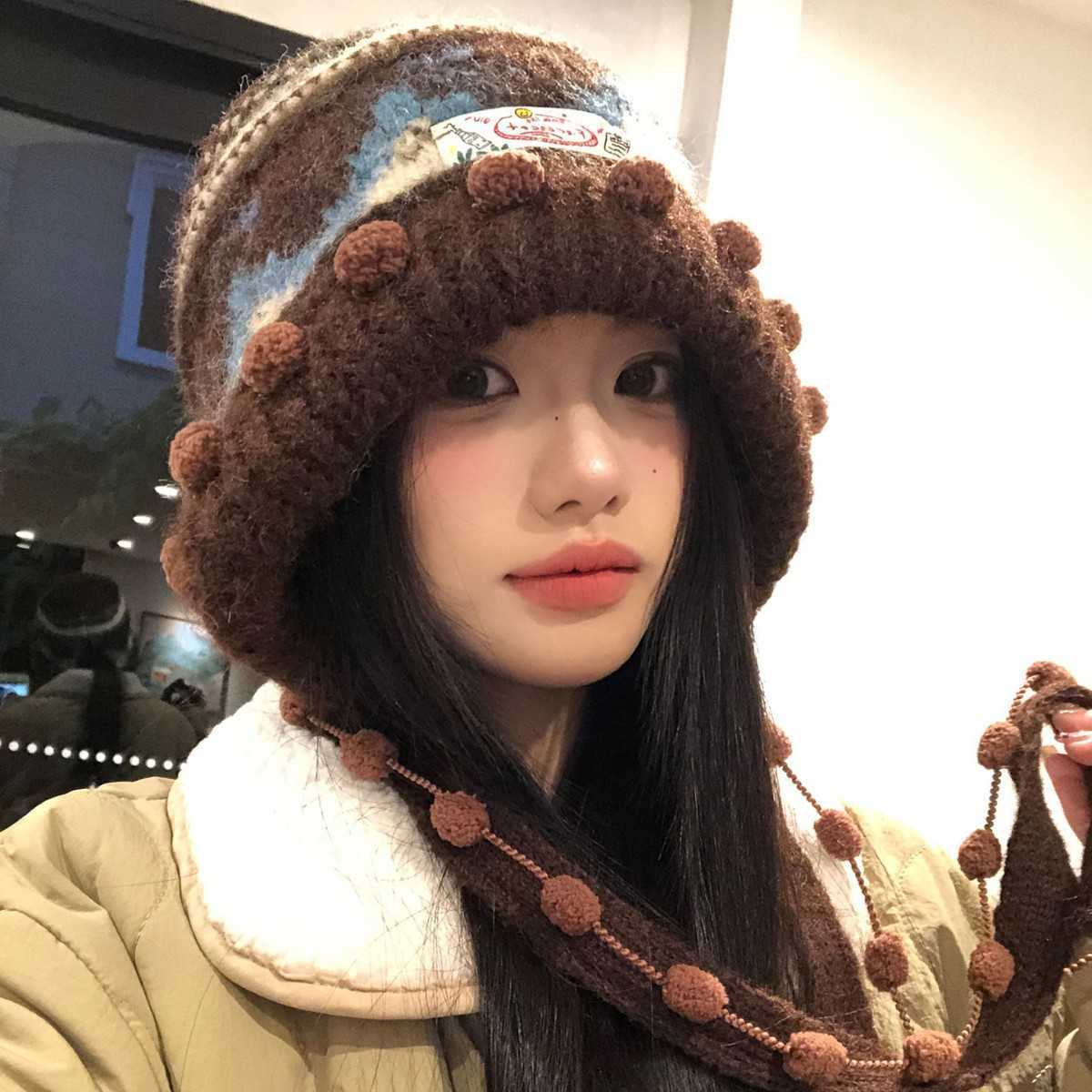 Fair Isle Color-Block Knitted Wool Hat for Women Autumn and Winter Versatile Large Head Circumference Face Slimming Ear Protection Warm Pullover Hat S