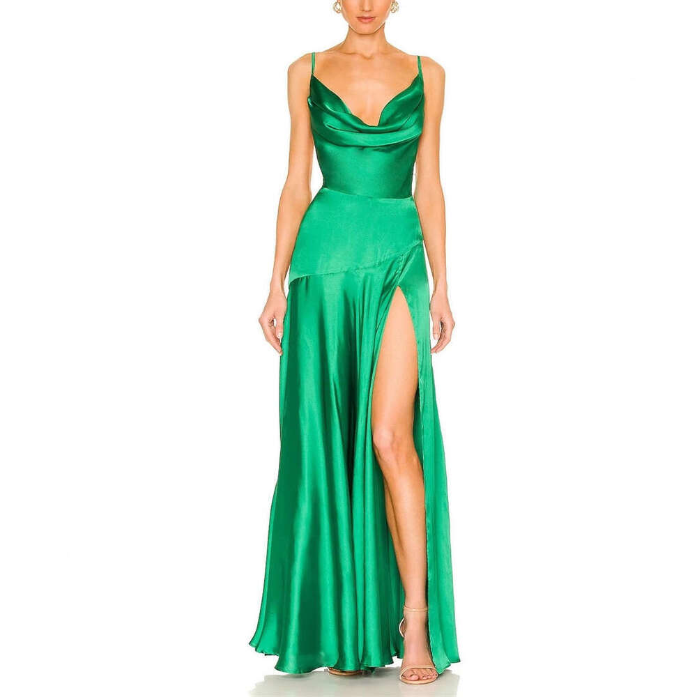 2026 summer European and American niche goddess sexy backless collar waist high slit satin flowing vacation long dress