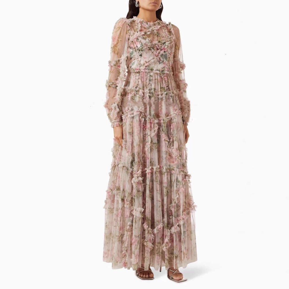 2026 Autumn New Women's Fashion Brand Dream Fairy Flower Mesh Ruffle Long Skirt