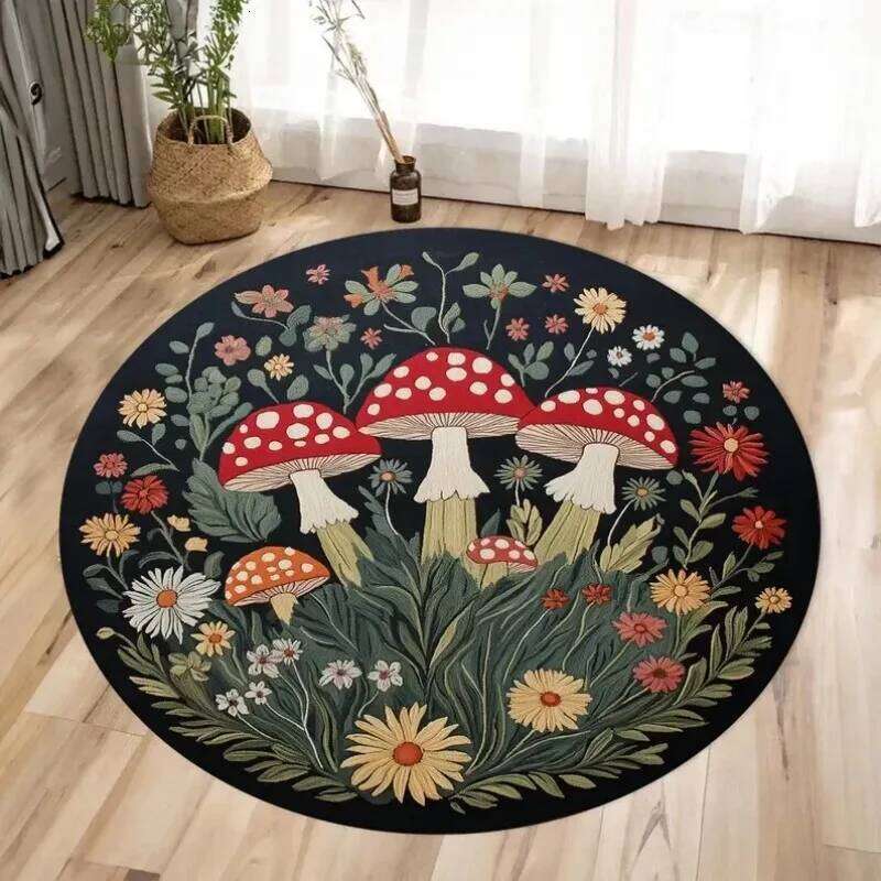 Mushroom Pattern Circle Carpet Utility Round for Living Room Bedroom Deco Kitchen Under Table Floor Mat Non Slip Vintage Rug W260226