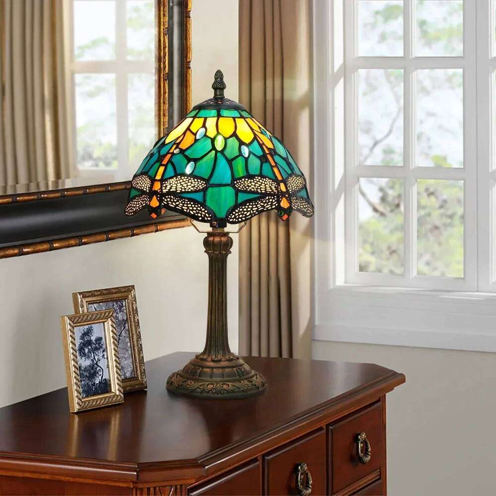 Vintage Tiffany Table Stained Glass Desk Light Bedside Nightstand Lamp Bedroom Living Room Office Reading Decor Lighting H260225