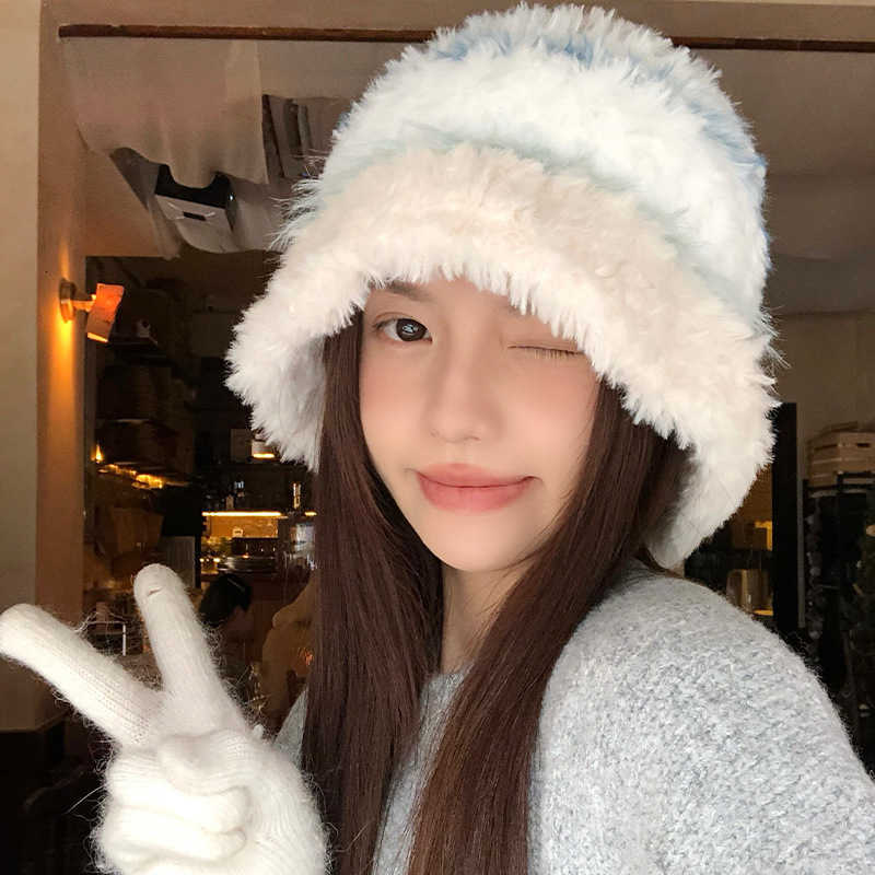 Style Plush Hat for Women Autumn and Winter Versatile Warm Ear Protection Face Slimming Knitted Cold Hat Large Head Circumference Fisherman Hat for Wi