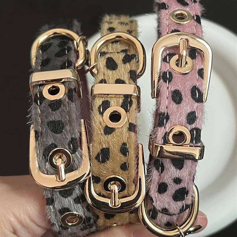 Leopard Pattern Small with Soft PU Leather Dog Metal Leash- Adjustable Comfort Fit Pet Collar for Wal