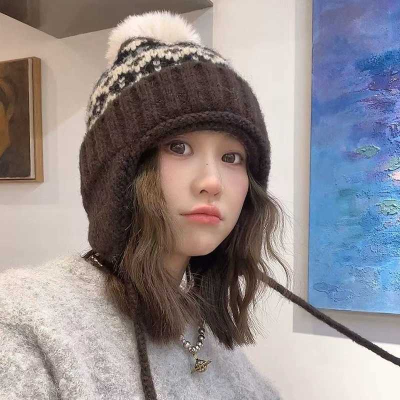 Fair Isle Hat for Women Autumn and Winter Thickened Fleece Warm Ear Protection Face Slimming Knitted Beanie Cold-Proof Lei Feng Hat S260225