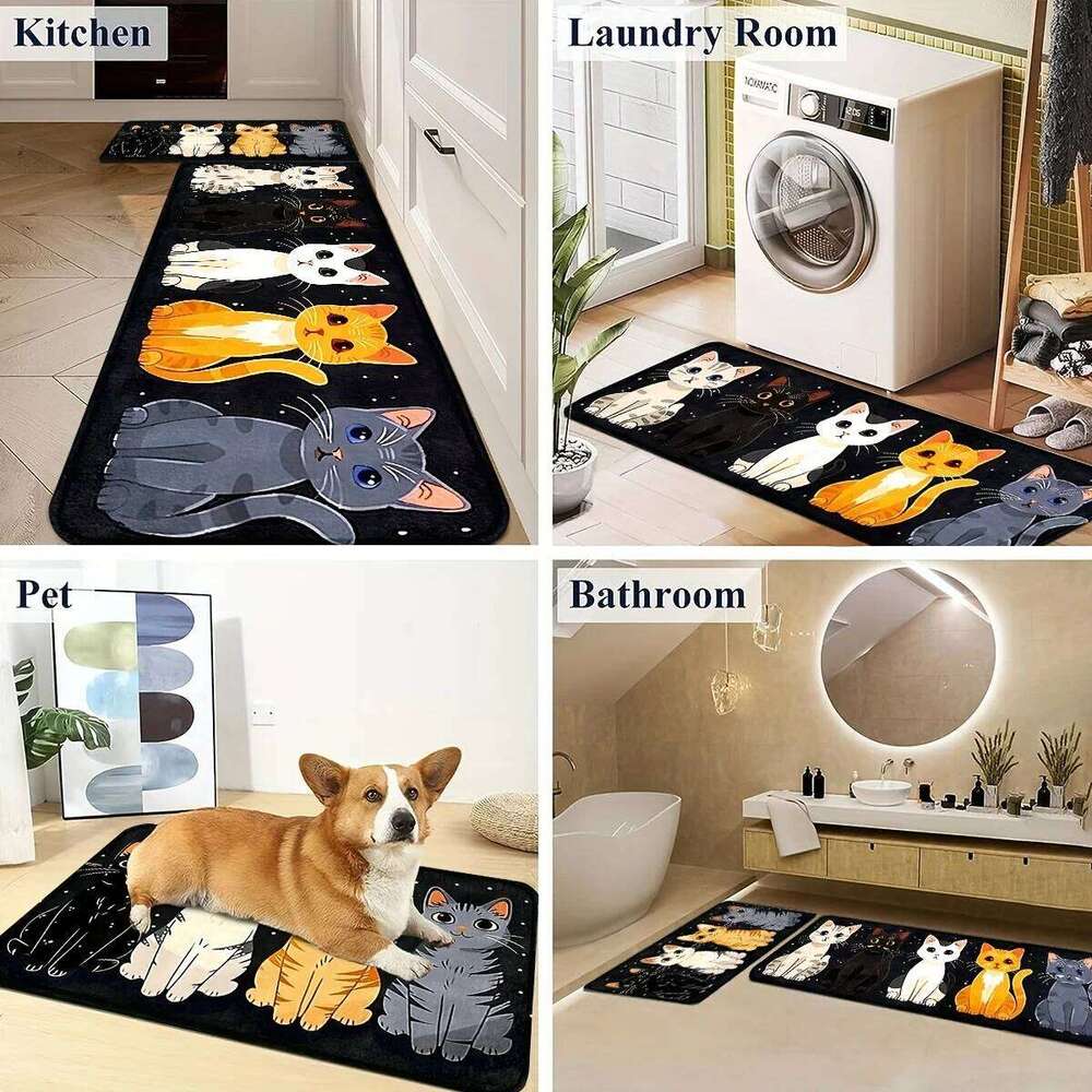 VIKAMA Cute Cat Pattern Kitchen Rug Office Bathroom Bedroom Laundry Room Entrance Hall Customizable for Festive Home Decor W260226