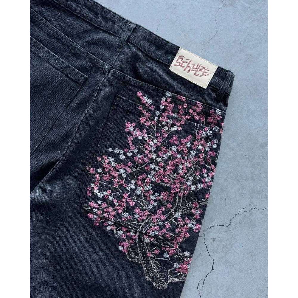 Y2K Harajuku vintage plum blossom embroidery Baggy Denim NEW American men women Casual Hip hop Shorts Streetwear H260226