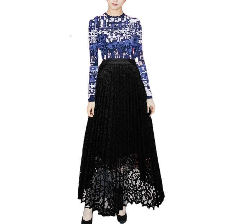 2026 Spring New European Series Celebrity Style Fashion Printed Knitted Top and Lace Horn Long Skirt Set