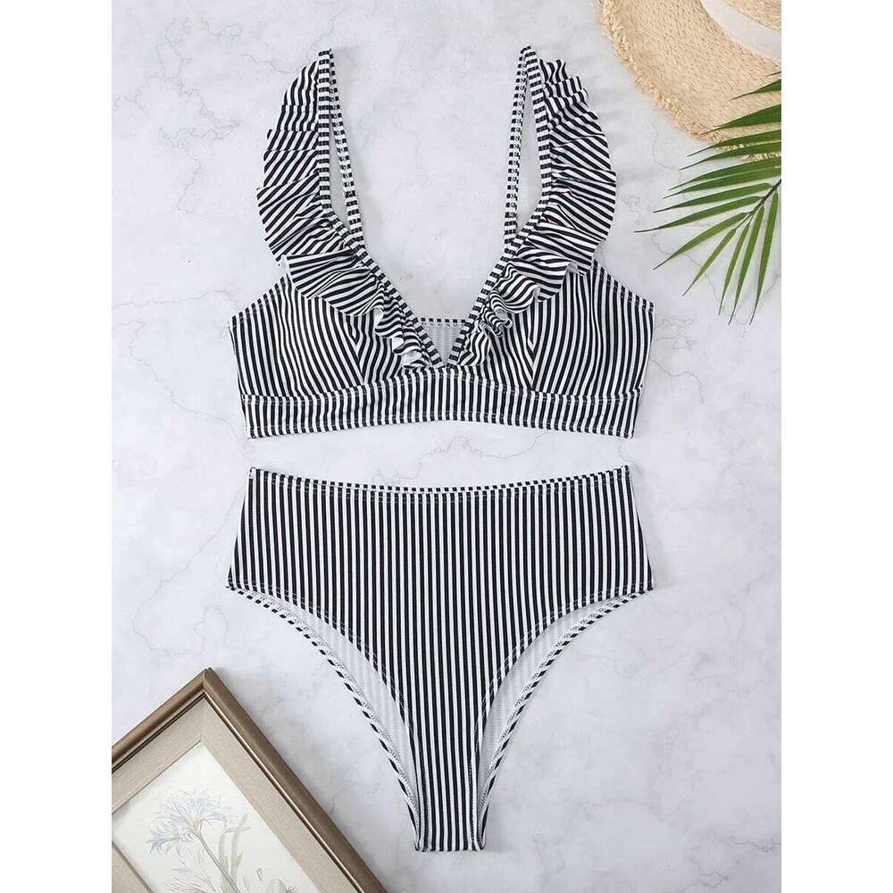 Sexy Striped Ruffle Bikini Swimsuit Women 2025 Two-piece Swimwear High Waisted Bikinis Sets Female Bathing Suit Push Up Monokini H260225