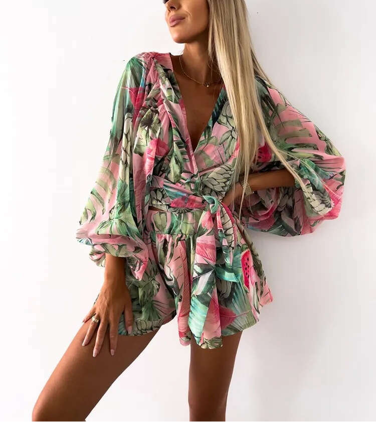Sportswear sexy deep V-neck women's jumpsuit summer casual beach degree pretend fashion printed lantern sleeves