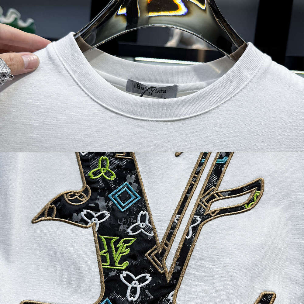 European Men's High-End Embroidered Crew Neck Short T-Shirt New Summer Trend Loose Luxury American Style Half Sleeve