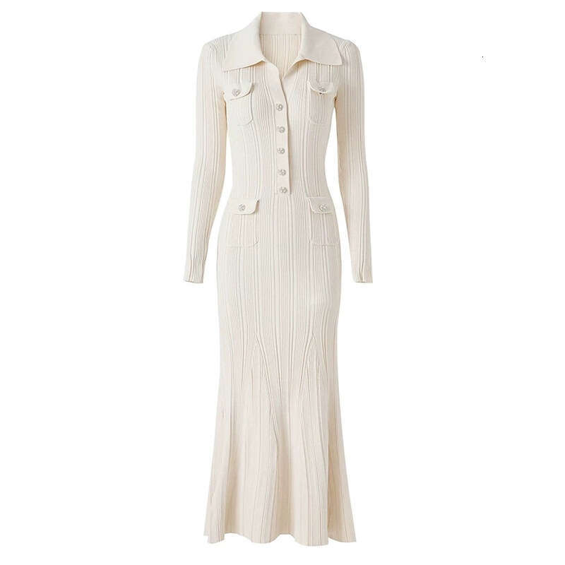 Autumn and winter goddess elegant temperament lightweight style versatile lapel V-neck metal buckle knitted elastic slim long dress 2026