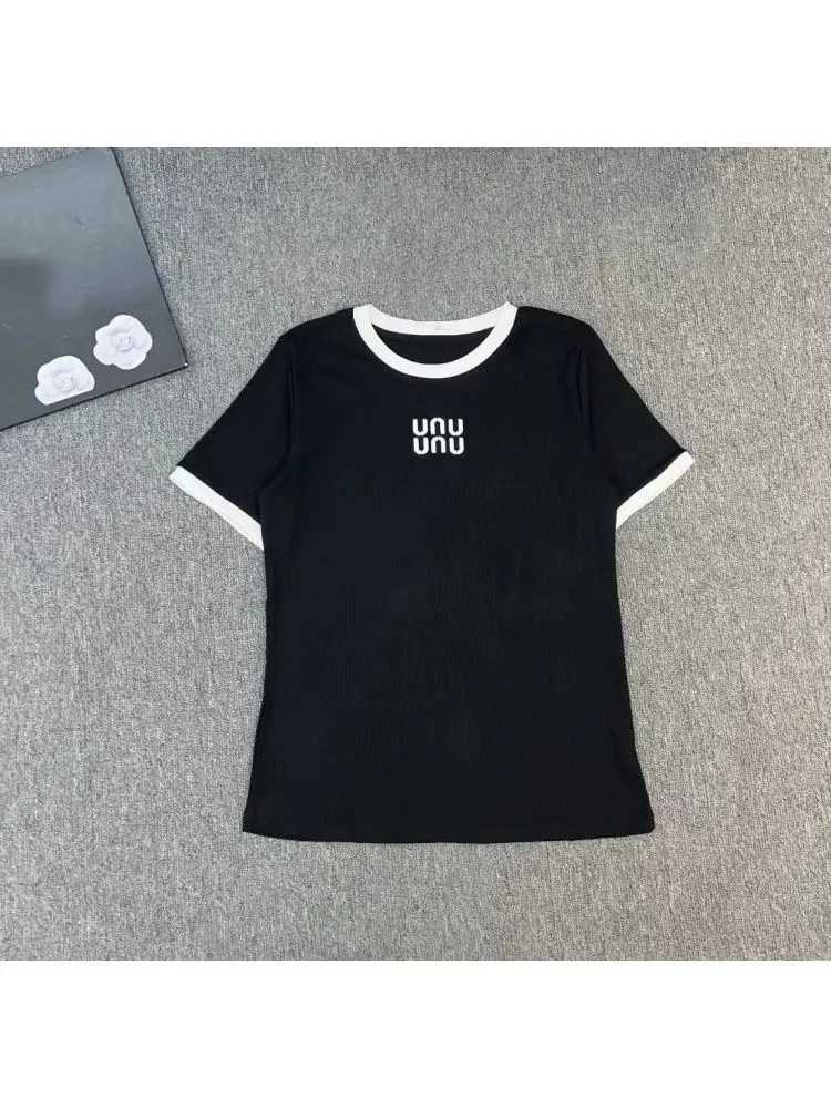 Women's Letter Print Contrast Trim Tee, Casual Short Sleeve Ribbed Knit TopT260226