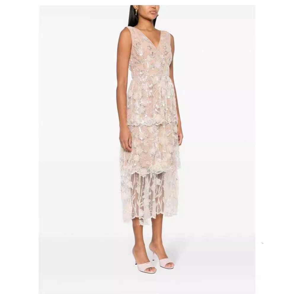 2026 new designer fashion brand elegant fairy style sleeveless V-neck sequined embroidered layered long skirt