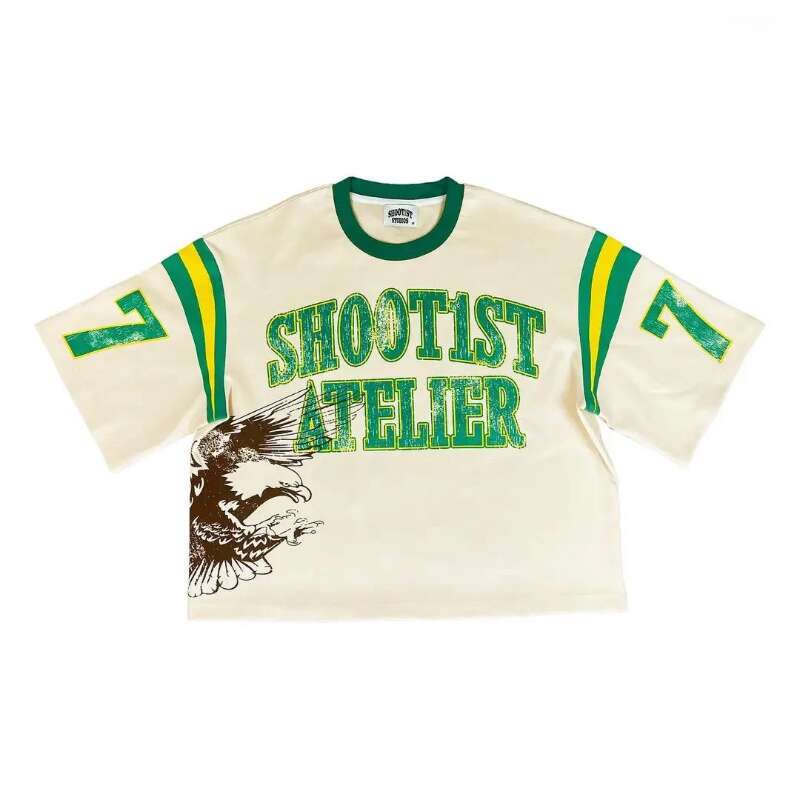 Men's T-shirt Trendy Distressed Eagle Letter Dark Green Base With Retro Yellow Letter Print Contrasting Striped Shoulder Details